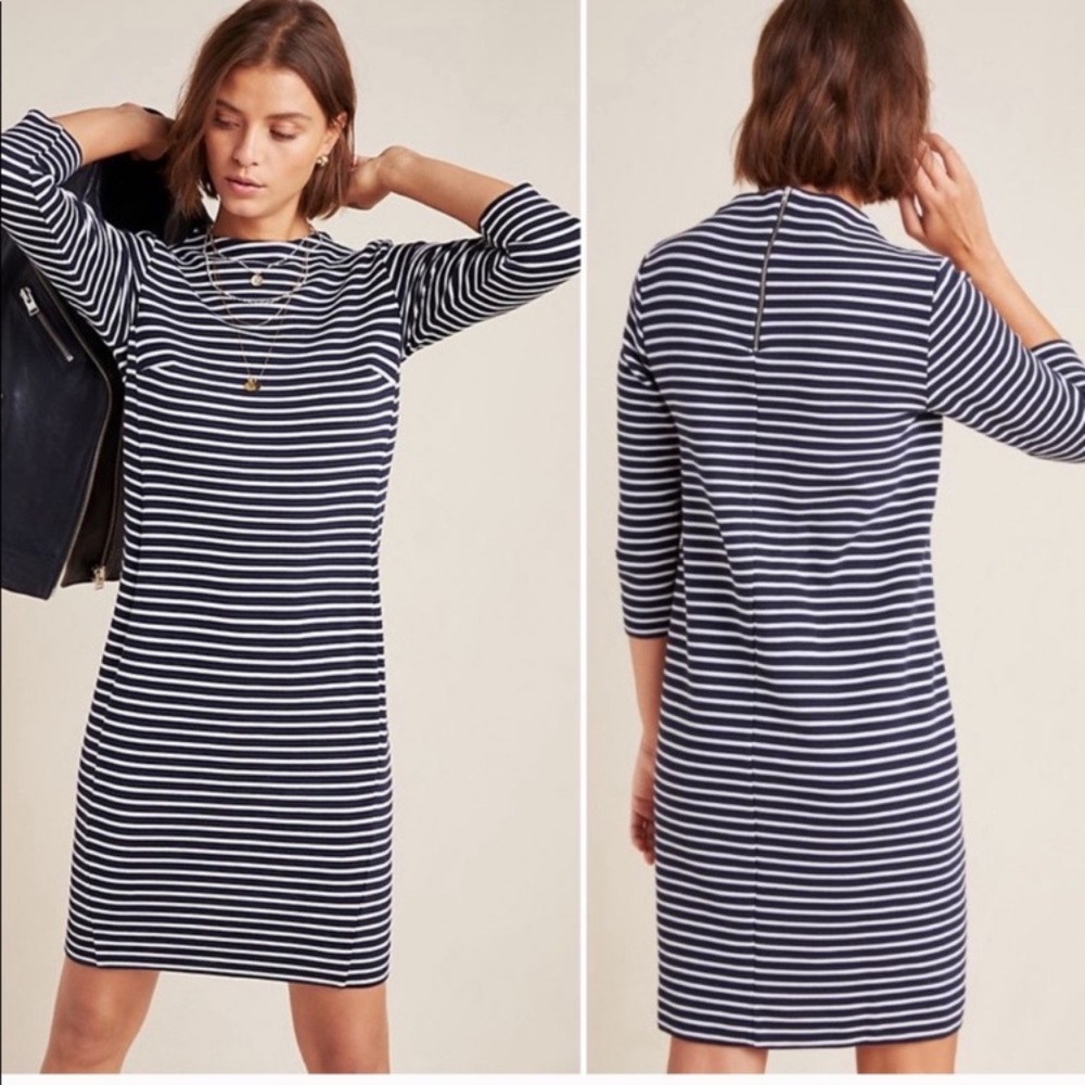 Anthro Seen Worn Kept Loren Navy Striped Mock Neck 3/4 Sleeve Dress NEW